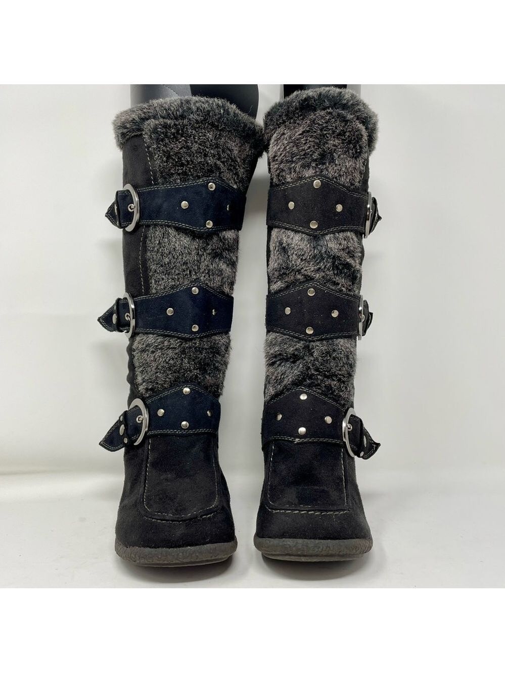 TOP Moda Black and Gray Vegan Suede and Fur Winter Boots with 2” Heel